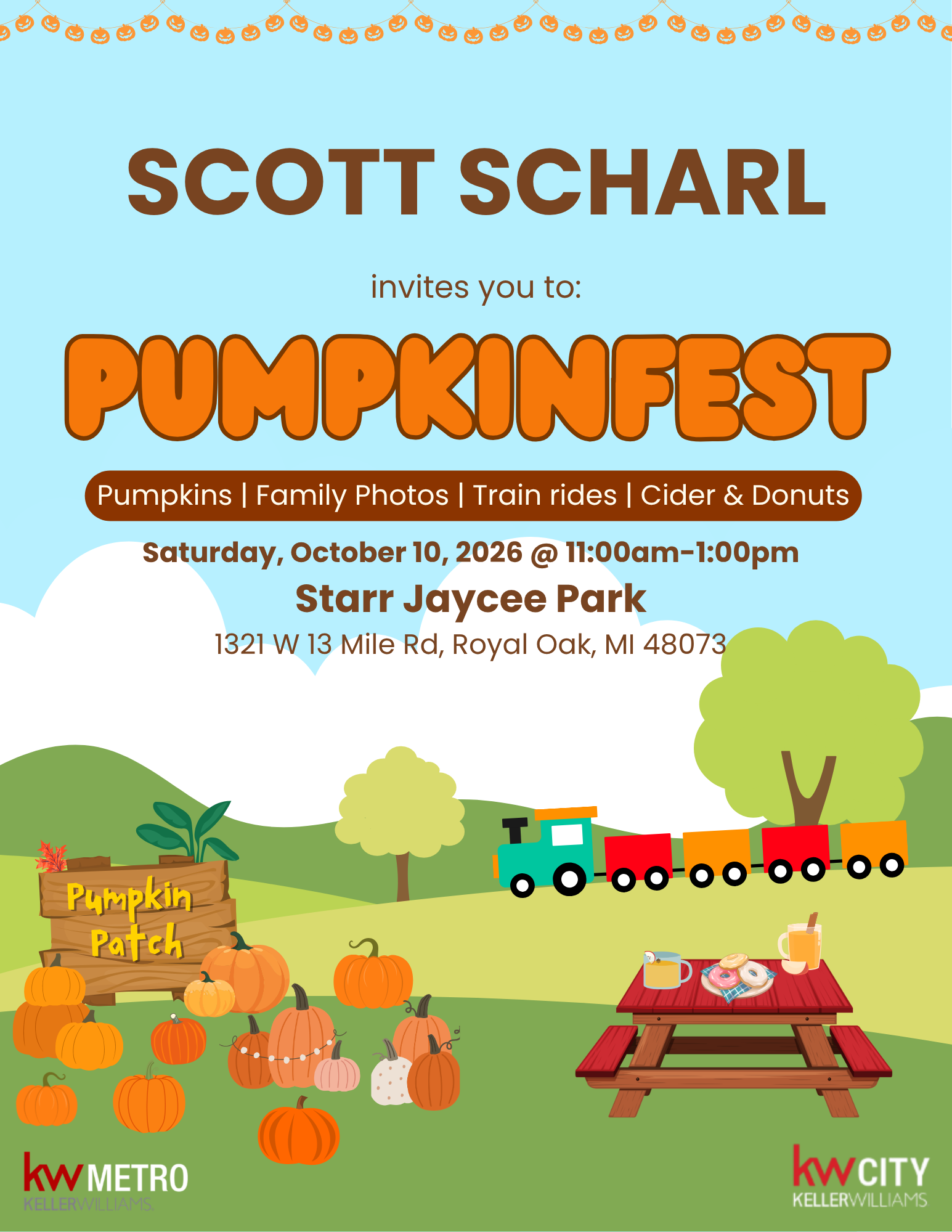 Pumpkinfest flyer: Saturday, October 10, 2026, 11:00am–1:00pm at Starr Jaycee Park, 1321 W 13 Mile Rd, Royal Oak, MI. Pumpkins, family photos, train rides, cider and donuts.